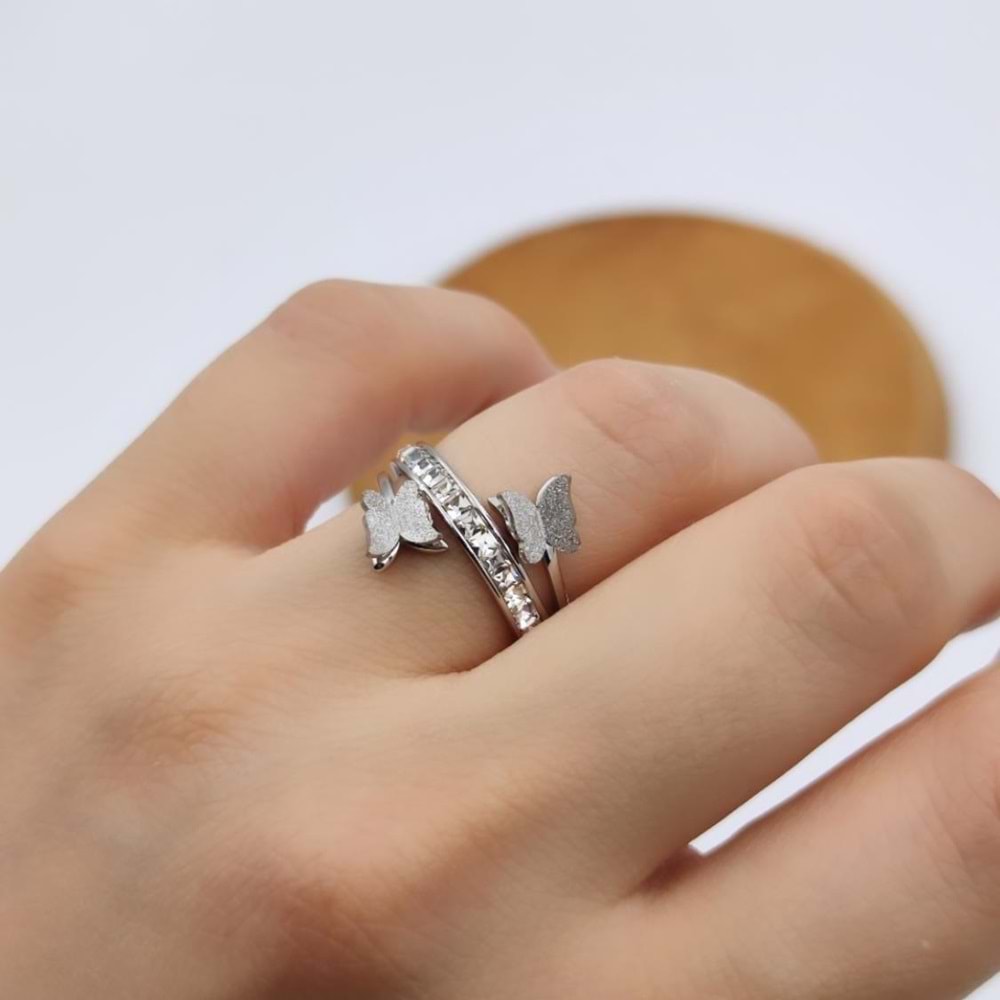 TAŞLI İKİLİ KELEBEK ÇELİK YÜZÜK - 6