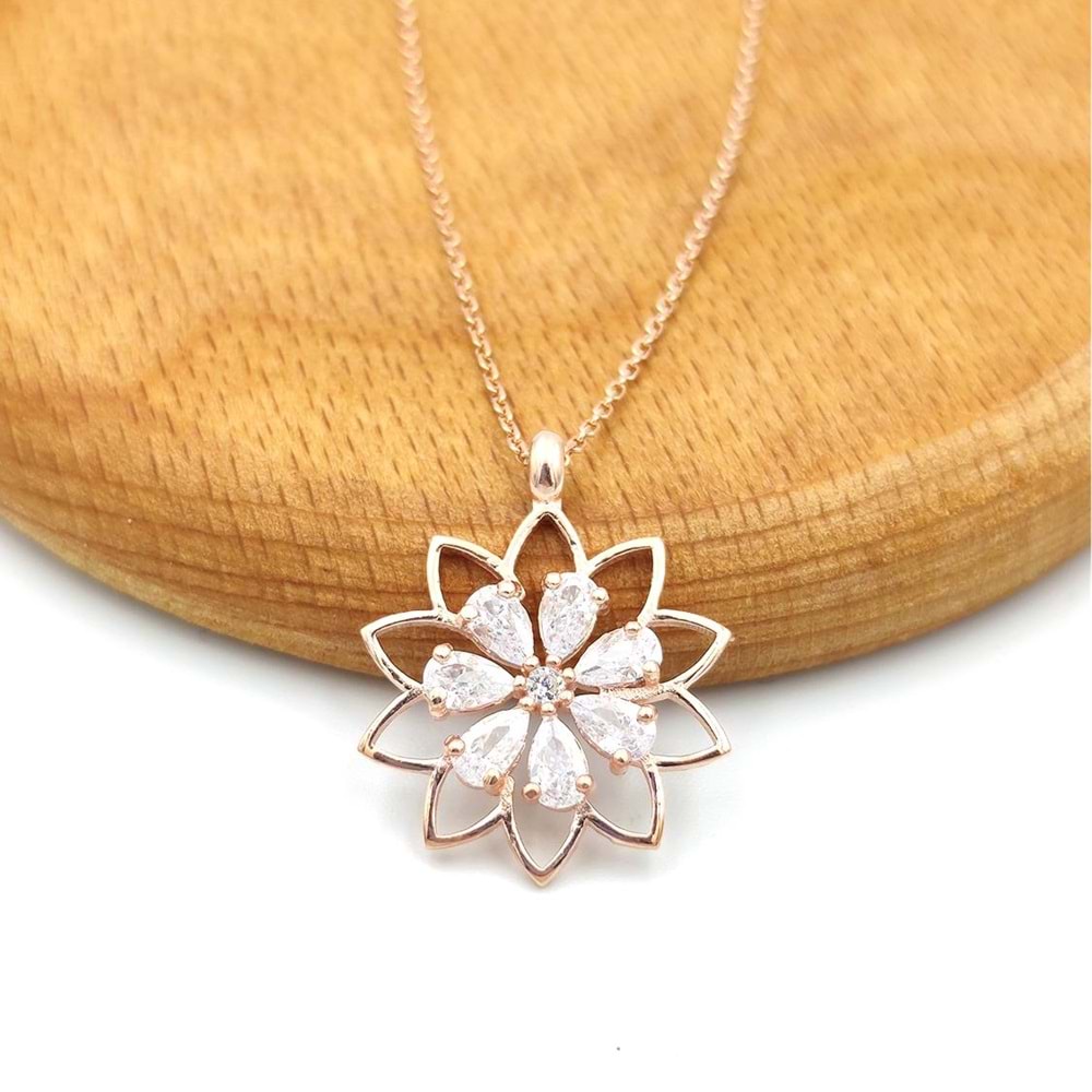 ZİRKON TAŞLI PAPATYA ÇİÇEK GÜMÜŞ KOLYE - ROSE BAKIR