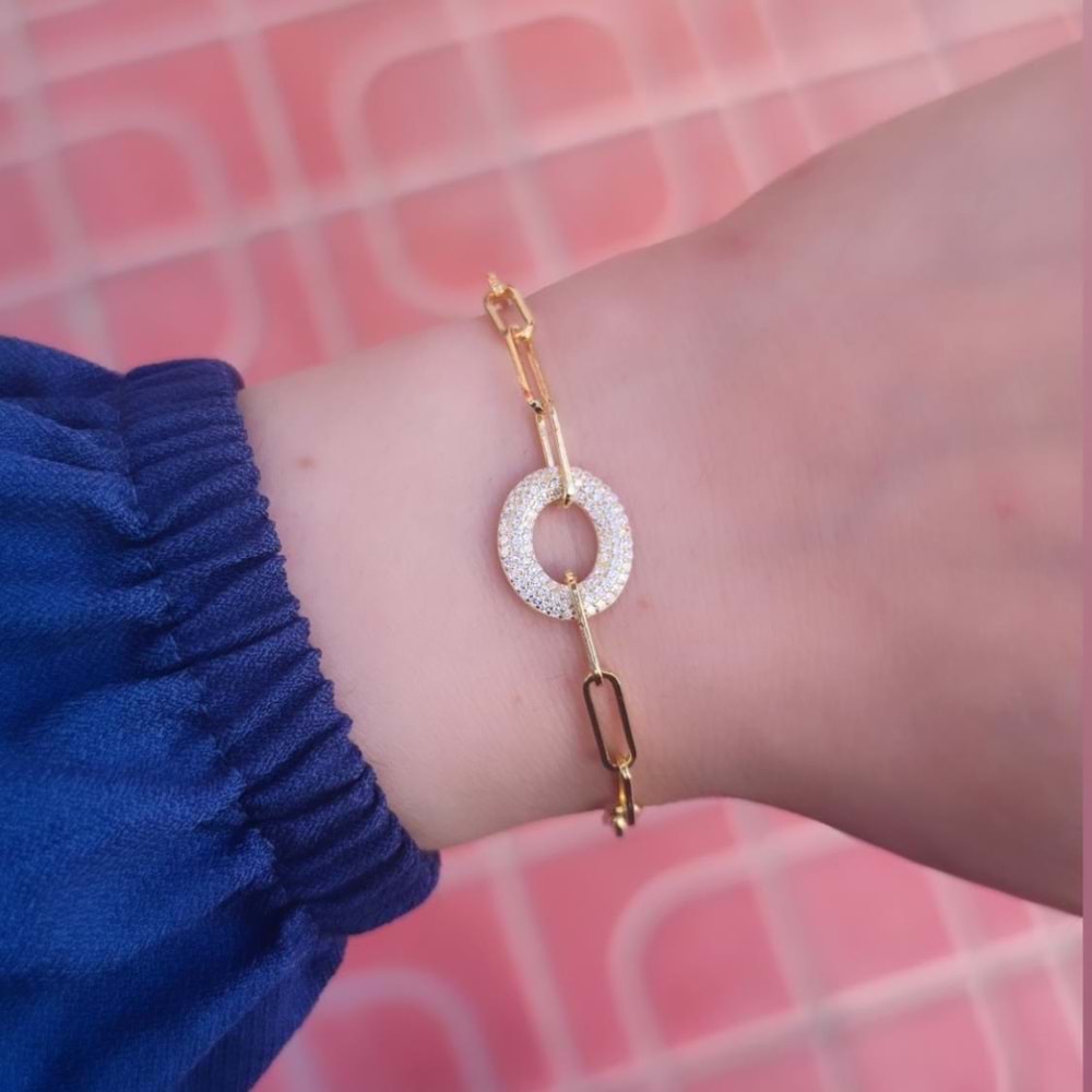 OVAL TAŞLI ATAÇ ZİNCİR GÜMÜŞ BİLEKLİK - ALTIN SARI