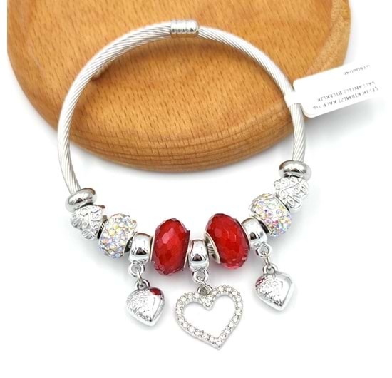 ÇELİK KIRMIZI KALP TOP SALLANTILI BİLEKLİK