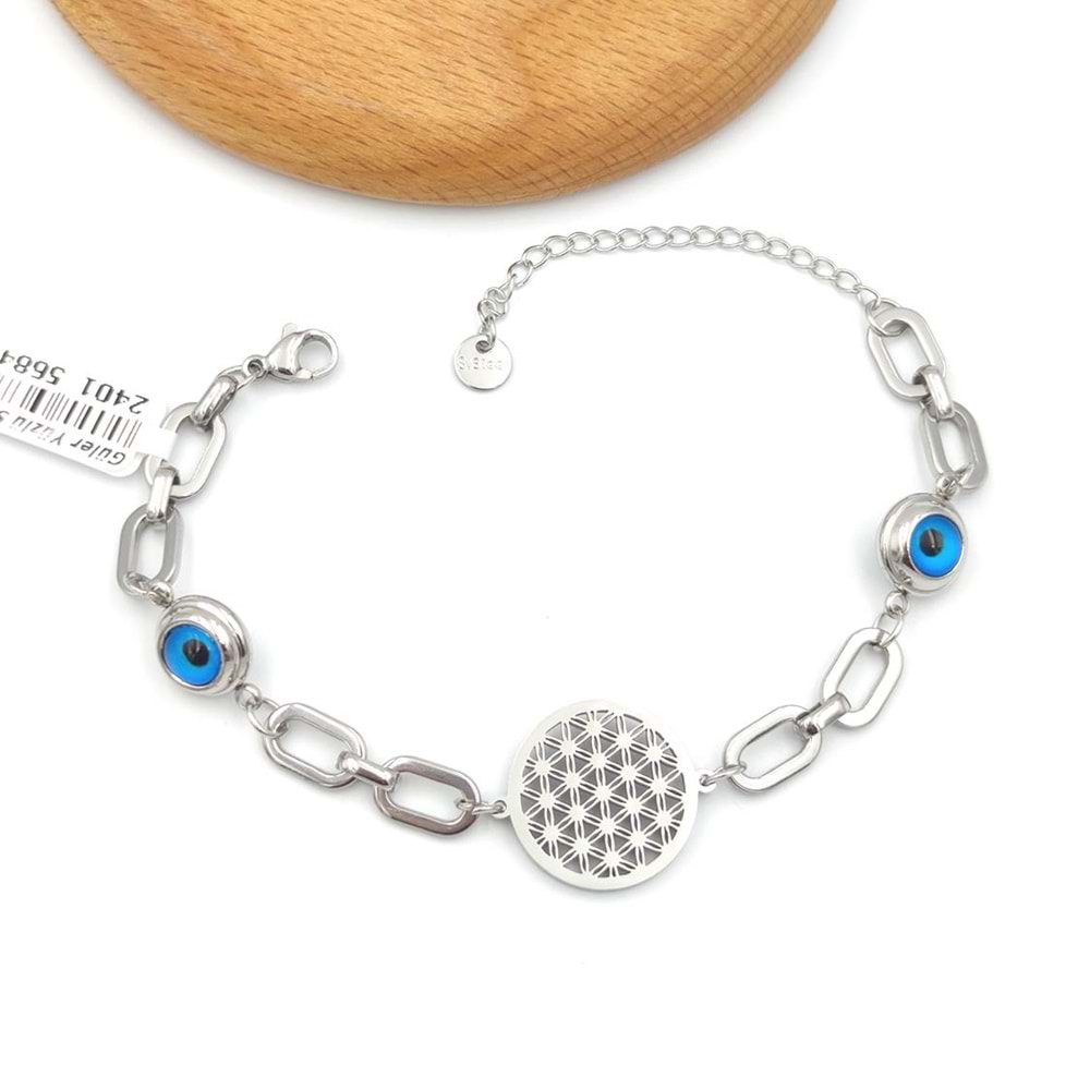 ÇELİK CAM GÖZ DETAYLI YAŞAM ÇİÇEĞİ BİLEKLİK - BEYAZ