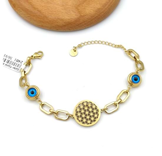 ÇELİK CAM GÖZ DETAYLI YAŞAM ÇİÇEĞİ BİLEKLİK