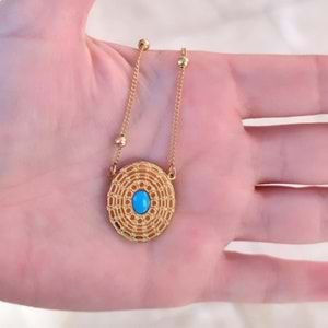 ÇELİK MAVİ TAŞ DETAY OVAL KOLYE