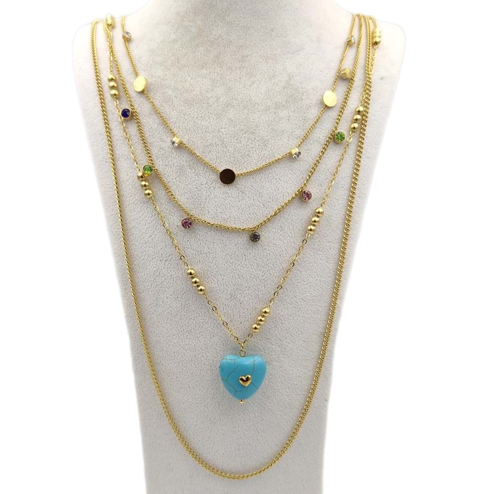 ÇELİK DÖRTLÜ MAVİ KALP DETAYLI KOMBİN KOLYE - ALTIN SARI