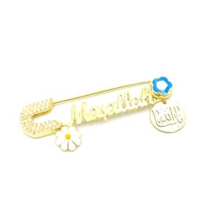 MAŞALLAH YAZILI MAVİ MİNE PAPATYA GÜMÜŞ BEBEK İĞNESİ
