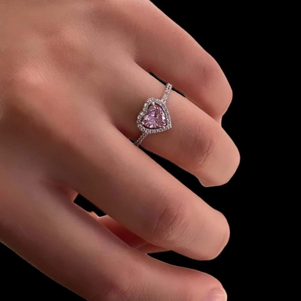 PEMBE ZİRKON TAŞLI KALP GÜMÜŞ YÜZÜK - 10