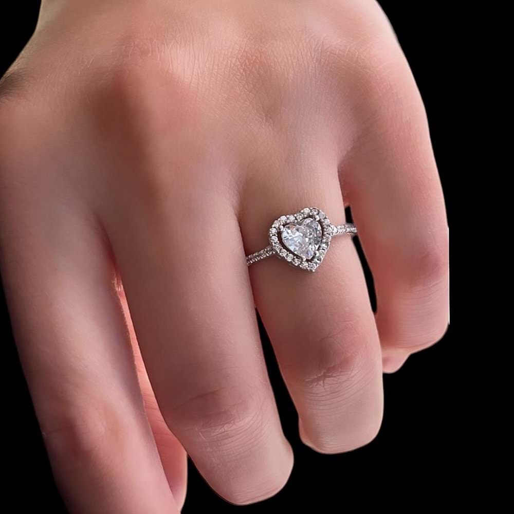 ZİRKON TAŞLI KALP GÜMÜŞ YÜZÜK - RODYUM BEYAZ - 12