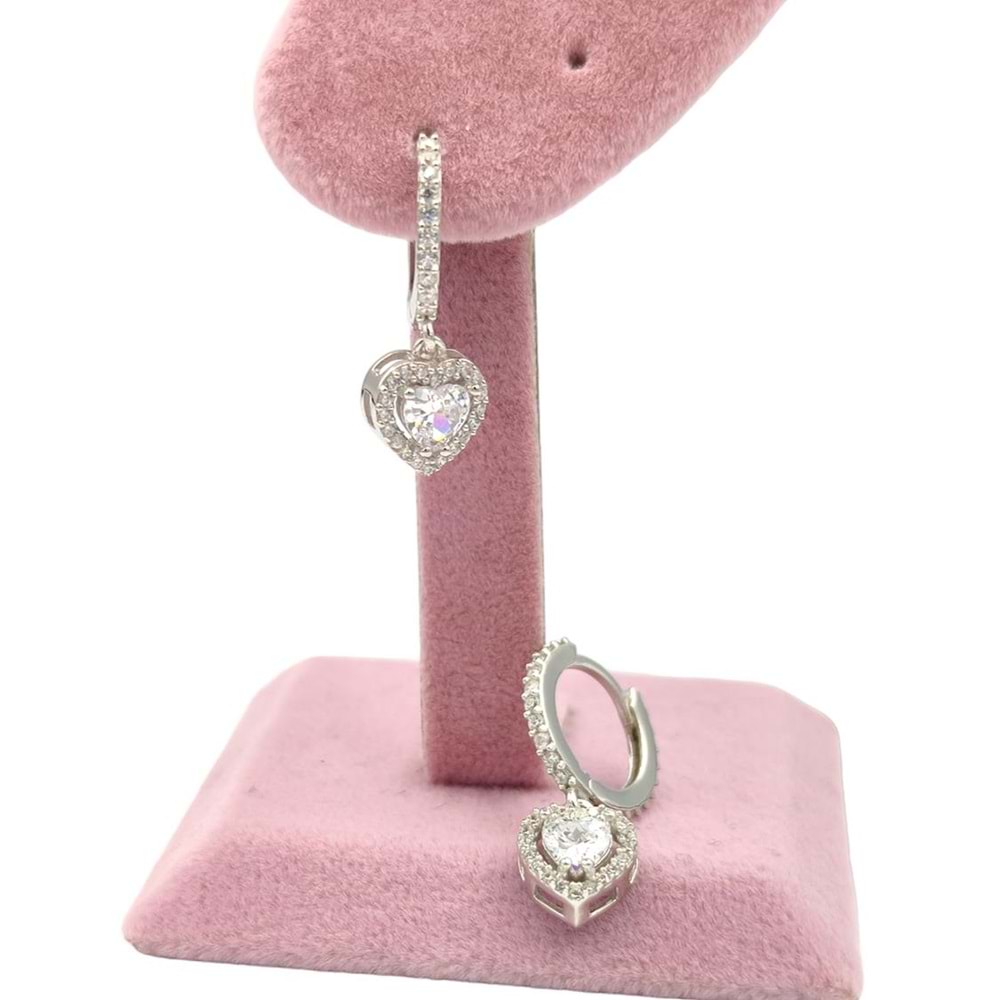 ZİRKON TAŞLI KALP GÜMÜŞ HALKA KÜPE - RODYUM BEYAZ