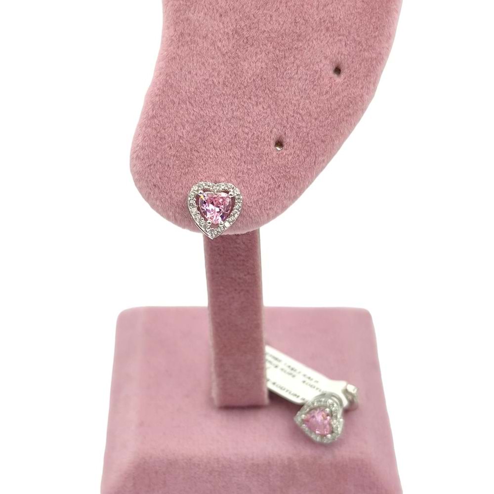 PEMBE TAŞLI KALP GÜMÜŞ ÇİVİ KÜPE - RODYUM BEYAZ