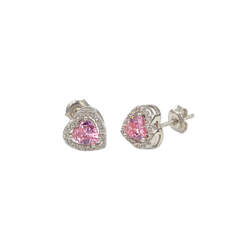 PEMBE TAŞLI KALP GÜMÜŞ ÇİVİ KÜPE - RODYUM BEYAZ