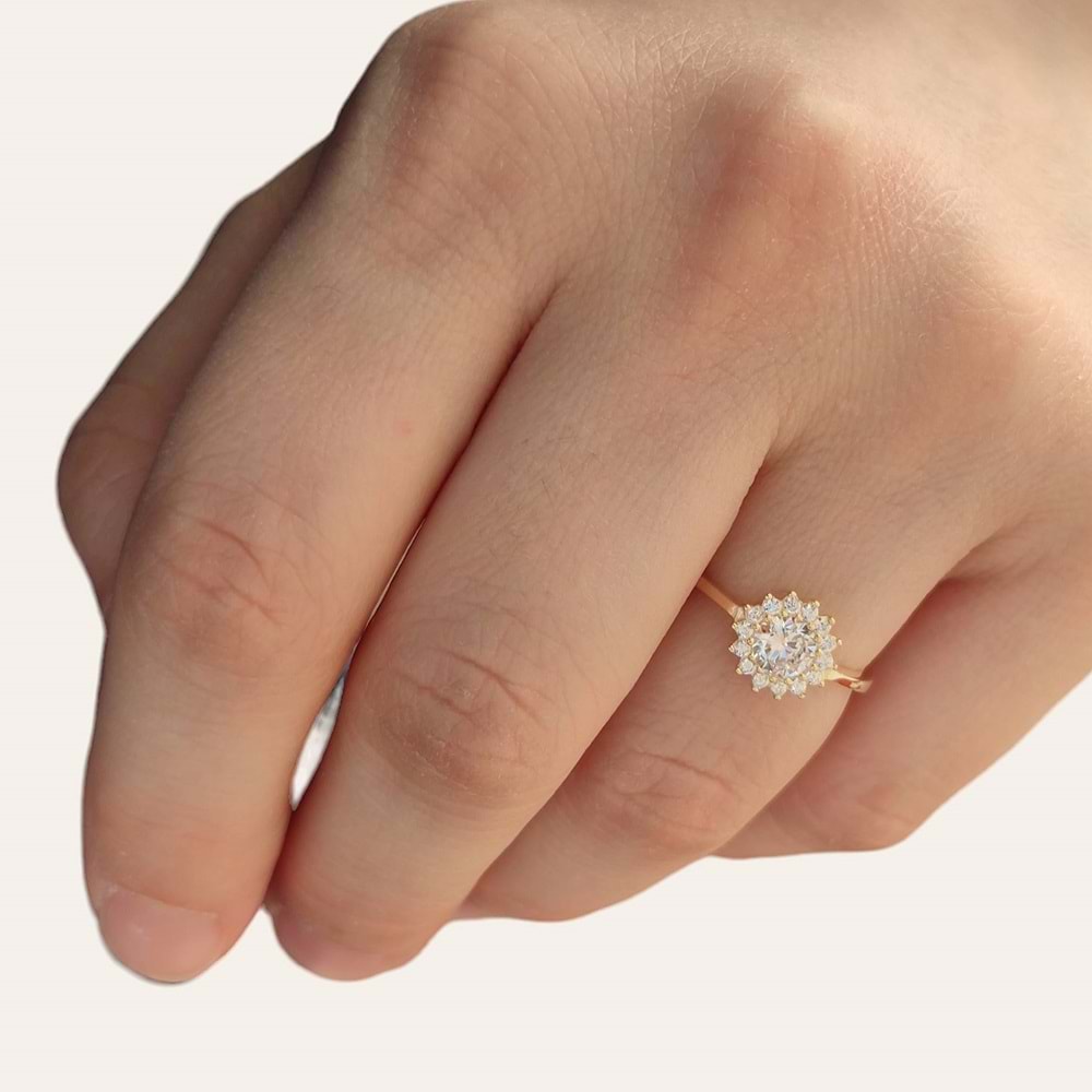 ZİRKON TAŞ MİNİ ÇİÇEK GÜMÜŞ YÜZÜK - ALTIN SARI - 14