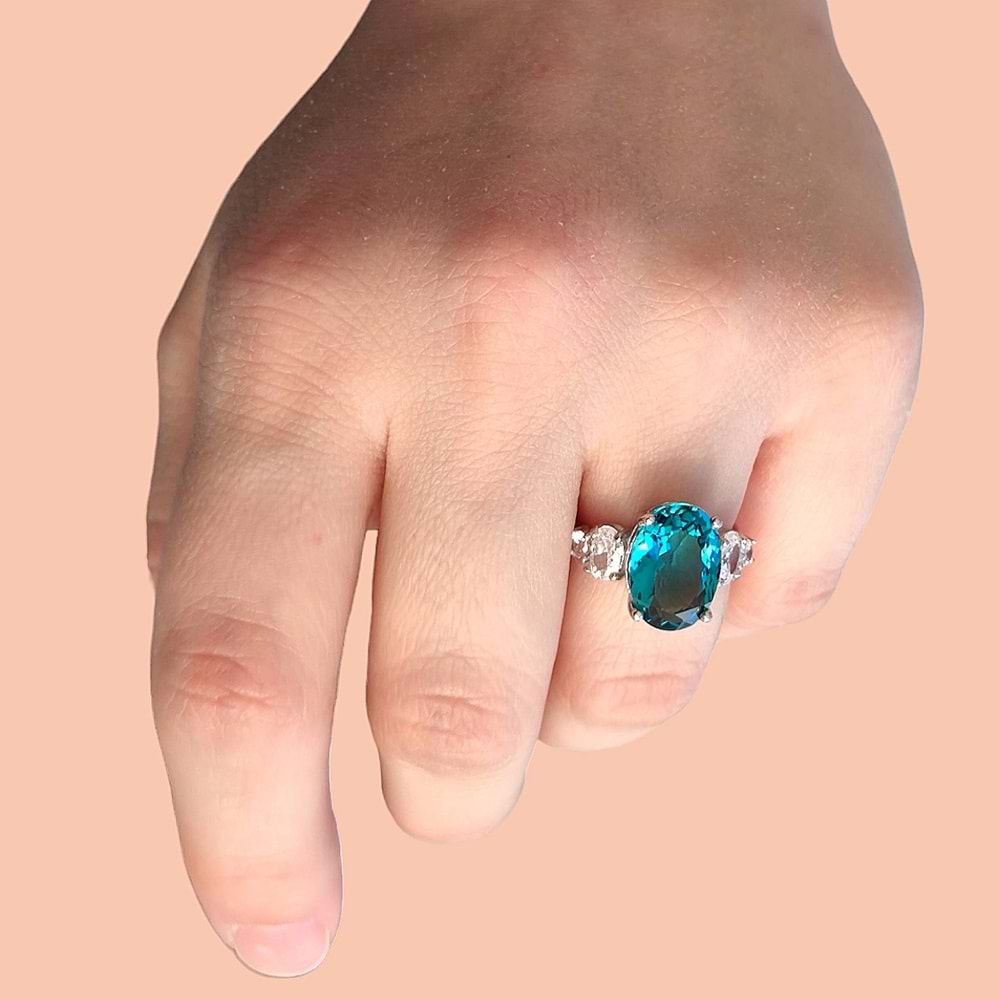 MAVİ OVAL GÜMÜŞ YÜZÜK - 14