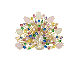 ZİRKON TAŞLI RENKLİ TAVUS KUŞU BROŞ GOLD