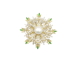 ZİRKON TAŞLI İNCİLİ ÇİÇEK KAR TANESİ BROŞ GOLD