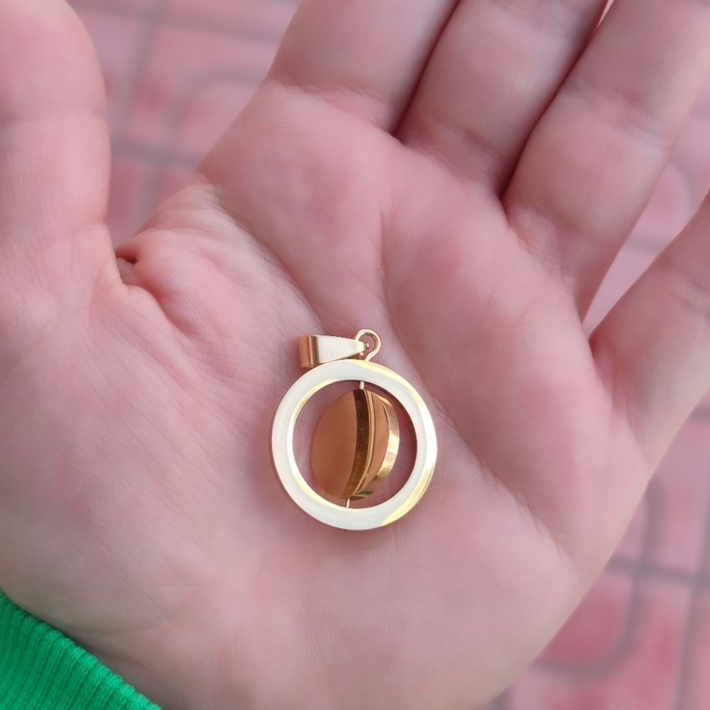 ÇELİK GOLD ORTASI DÖNEN YUVARLAK PLAKA KOLYE UCU