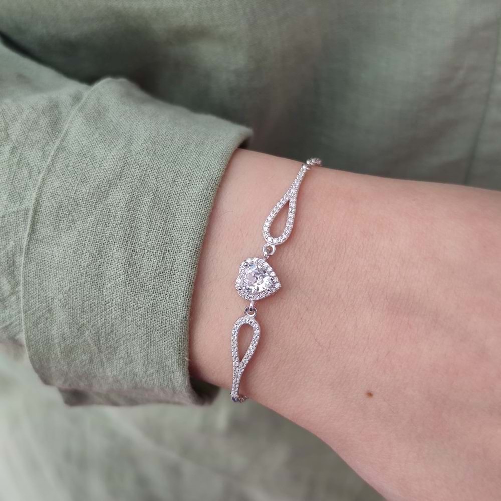 ZİRKON TAŞLI KALP GÜMÜŞ BİLEKLİK - RODYUM BEYAZ