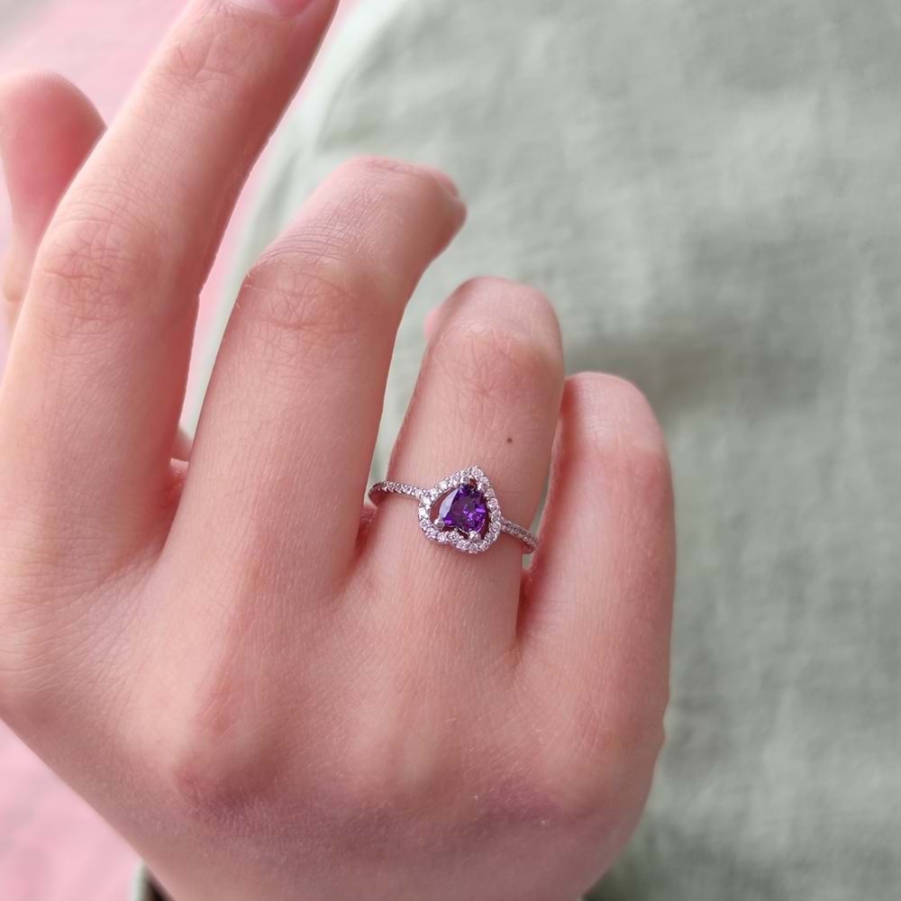 MOR TAŞLI MİNİ KALP GÜMÜŞ YÜZÜK - RODYUM BEYAZ - 12