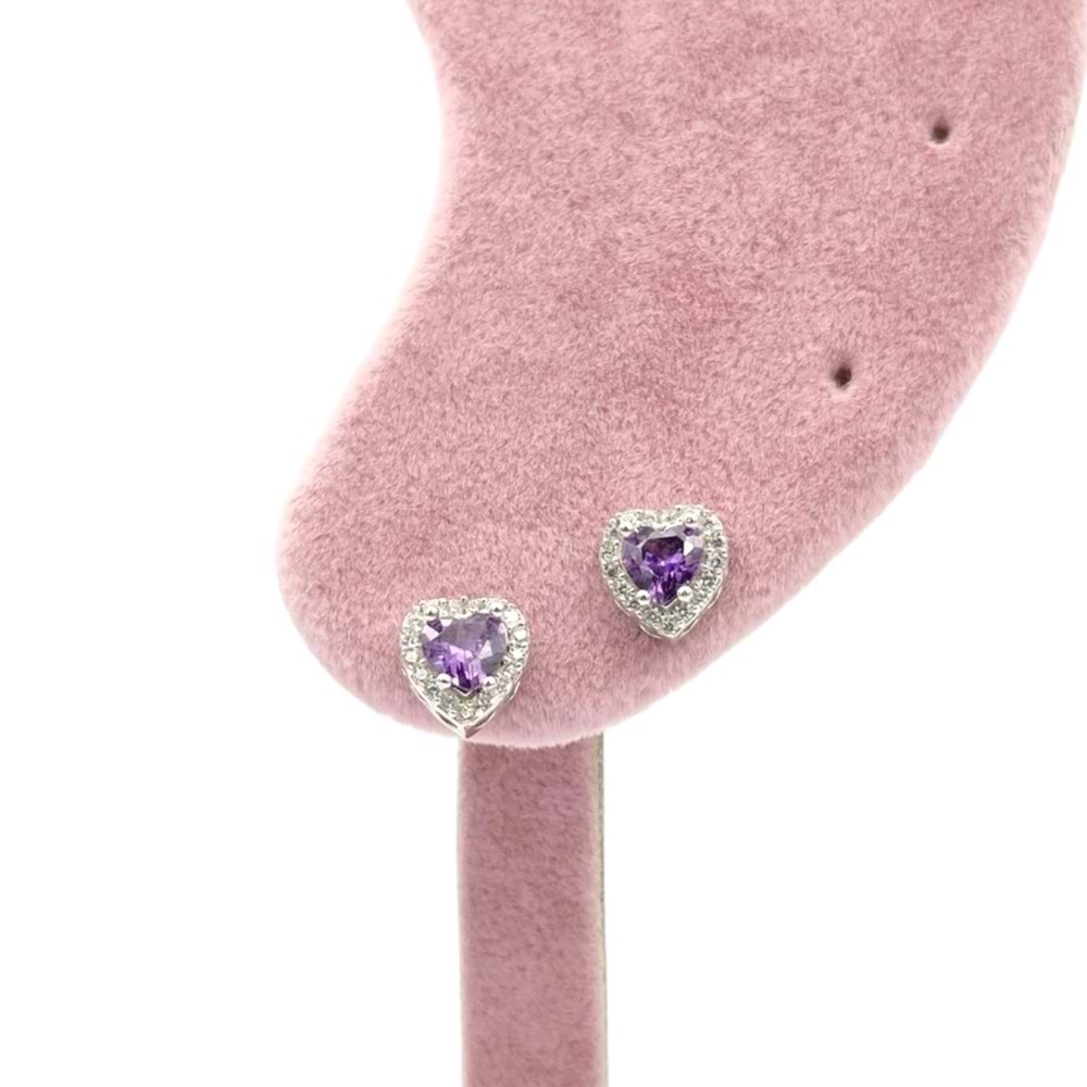 MOR TAŞLI MİNİMAL KALP GÜMÜŞ KÜPE