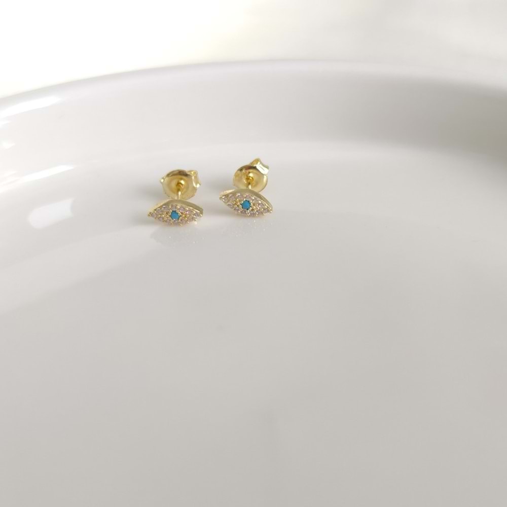 MİNİ MAVİ DETAY GÖZ GÜMÜŞ KÜPE 8 MM - ALTIN SARI