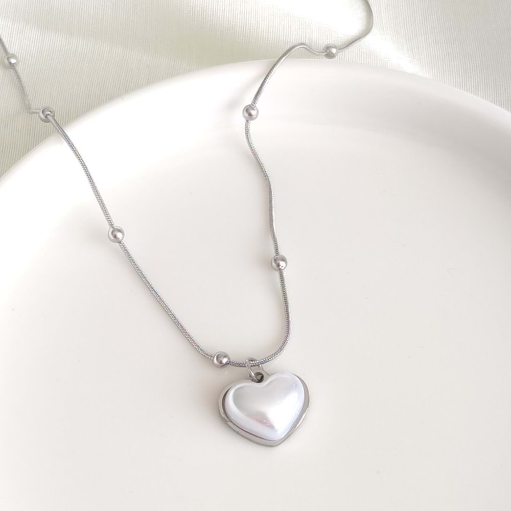 ÇELİK TOP ZİNCİRLİ BEYAZ KALP KOLYE - BEYAZ