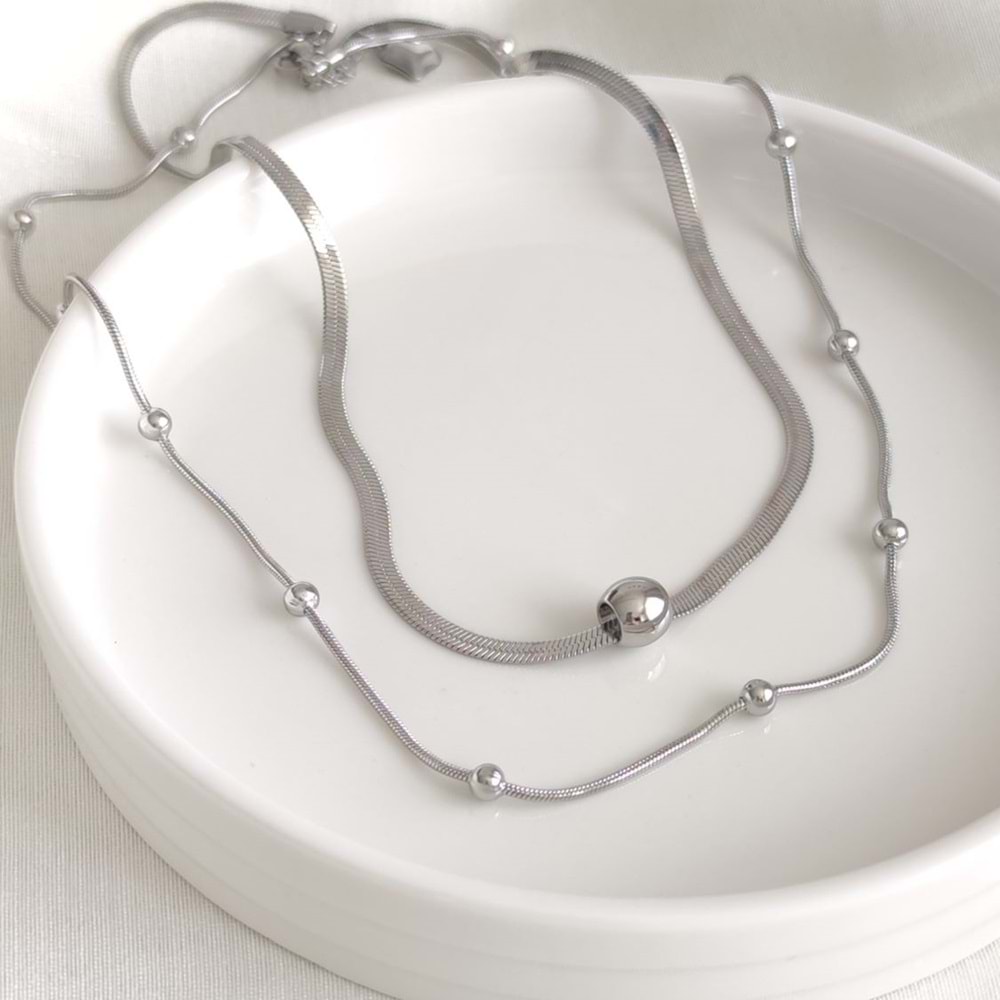 ÇELİK YASSI VE TOP ZİNCİR KOMBİN İKİLİ KOLYE - BEYAZ