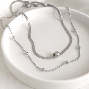 ÇELİK YASSI VE TOP ZİNCİR KOMBİN İKİLİ KOLYE - BEYAZ