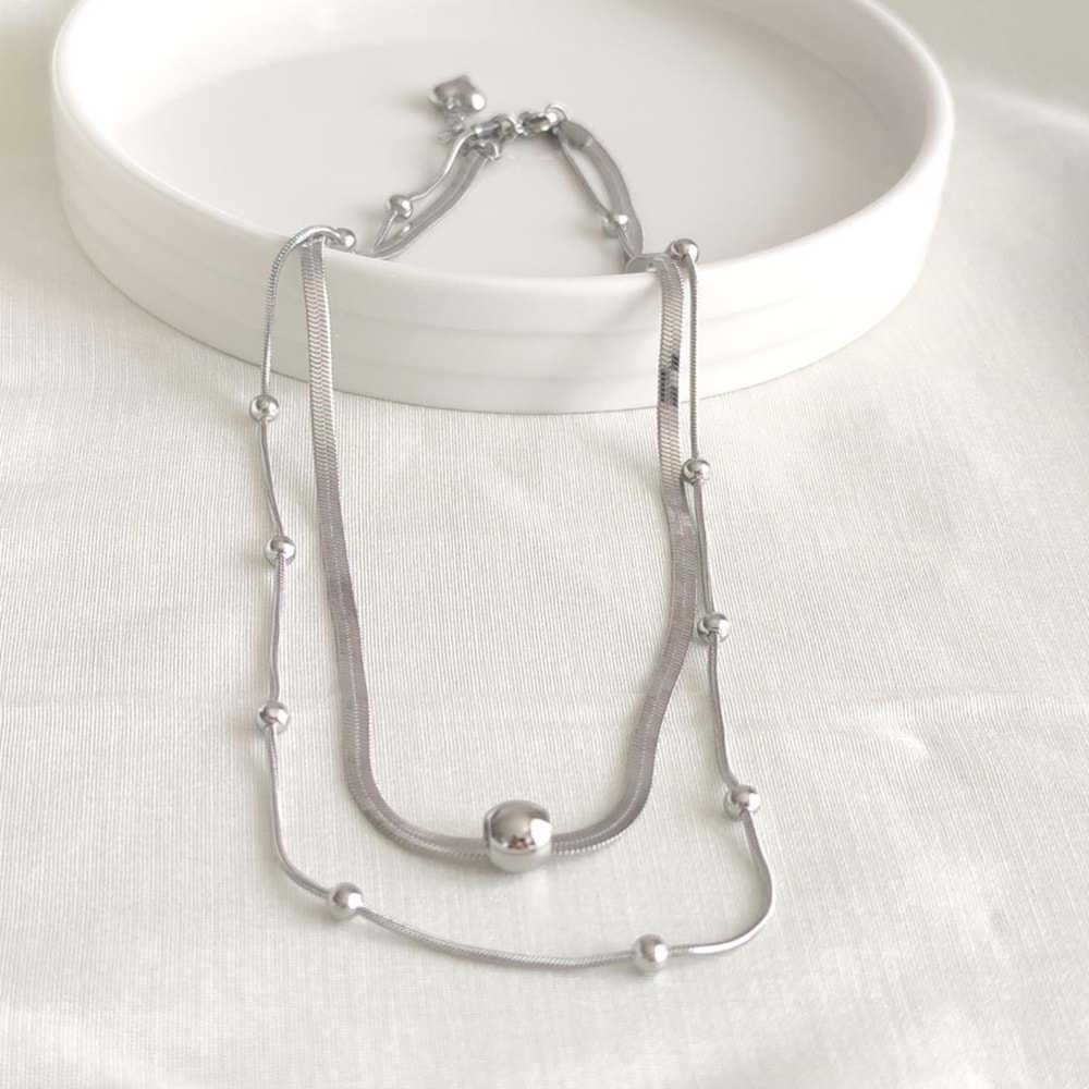 ÇELİK YASSI VE TOP ZİNCİR KOMBİN İKİLİ KOLYE - BEYAZ