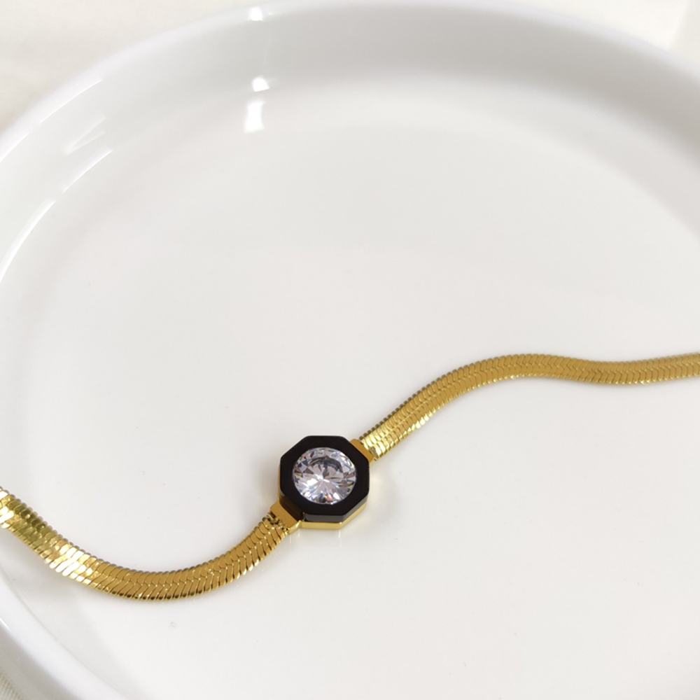 SİYAH DETAY TEK TAŞ ÇELİK BİLEKLİK 17 CM + 4 CM - ALTIN SARI