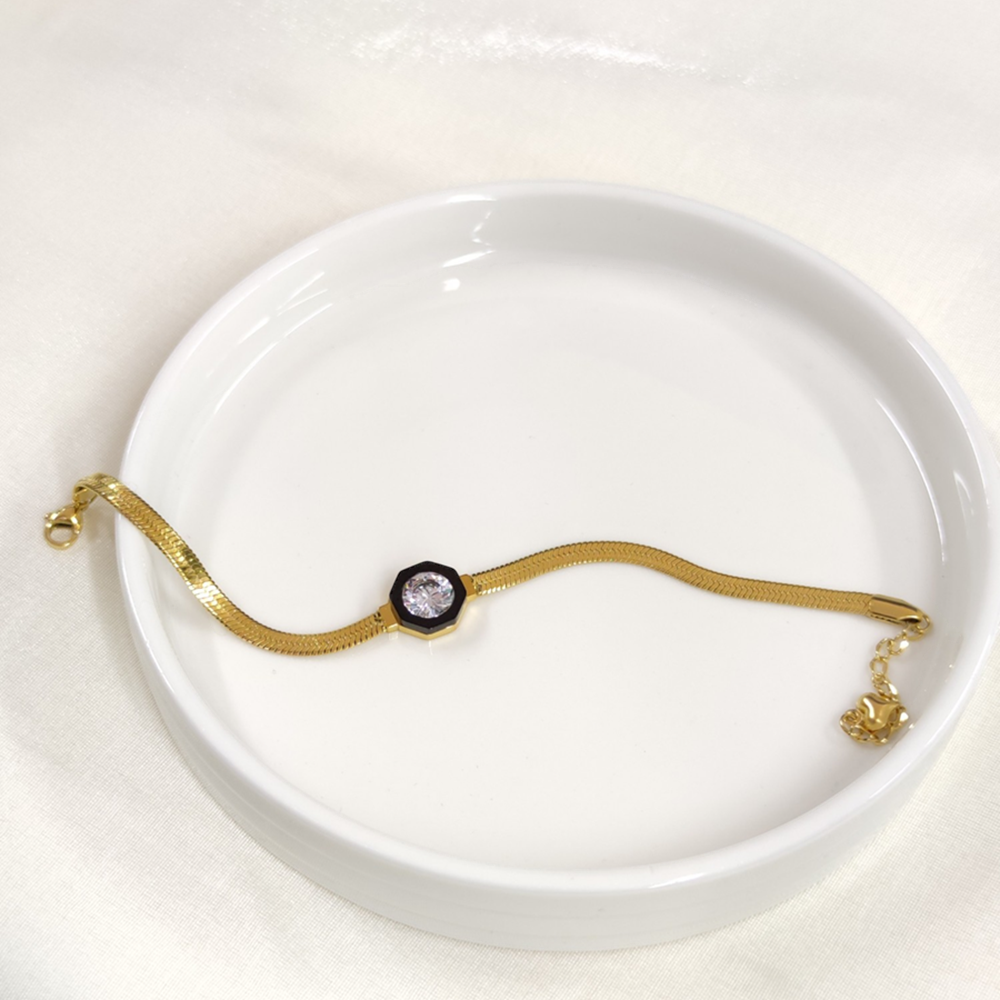 SİYAH DETAY TEK TAŞ ÇELİK BİLEKLİK 17 CM + 4 CM - ALTIN SARI