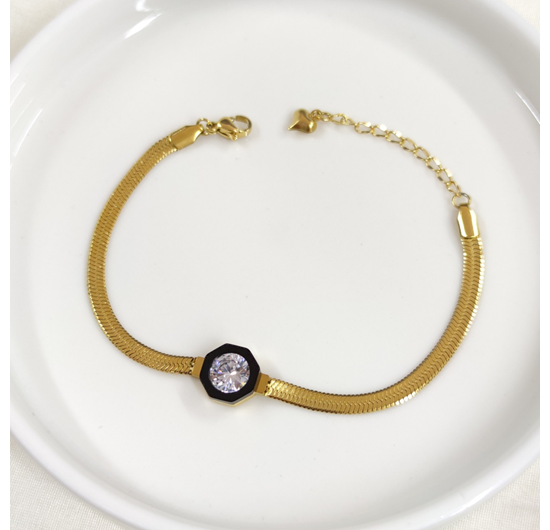 SİYAH DETAY TEK TAŞ ÇELİK BİLEKLİK 17 CM + 4 CM