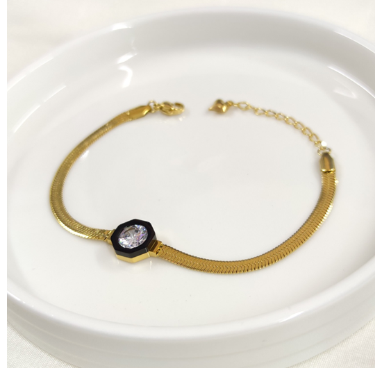 SİYAH DETAY TEK TAŞ ÇELİK BİLEKLİK 17 CM + 4 CM