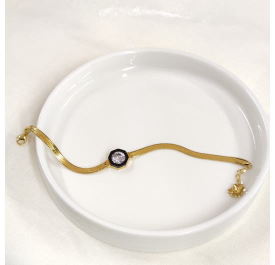 SİYAH DETAY TEK TAŞ ÇELİK BİLEKLİK 17 CM + 4 CM