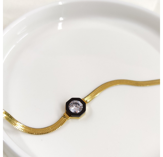 SİYAH DETAY TEK TAŞ ÇELİK BİLEKLİK 17 CM + 4 CM