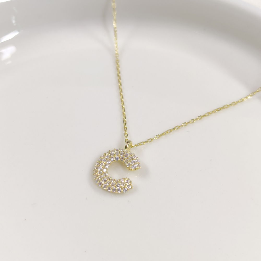 C TAŞLI GÜMÜŞ HARF KOLYE - ALTIN SARI