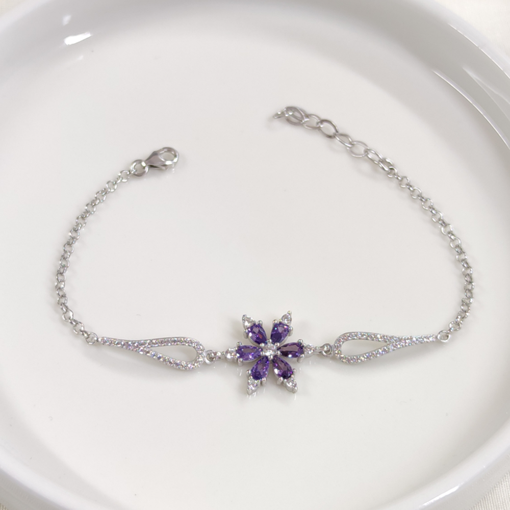 MOR LOTUS ÇİÇEK GÜMÜŞ BİLEKLİK 17+3 CM - RODYUM BEYAZ