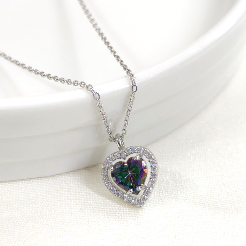 MİSTİK TOPAZ TAŞLI KALP GÜMÜŞ KOLYE - RODYUM BEYAZ