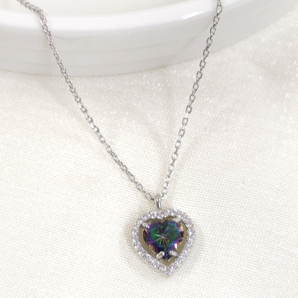 MİSTİK TOPAZ TAŞLI KALP GÜMÜŞ KOLYE - RODYUM BEYAZ