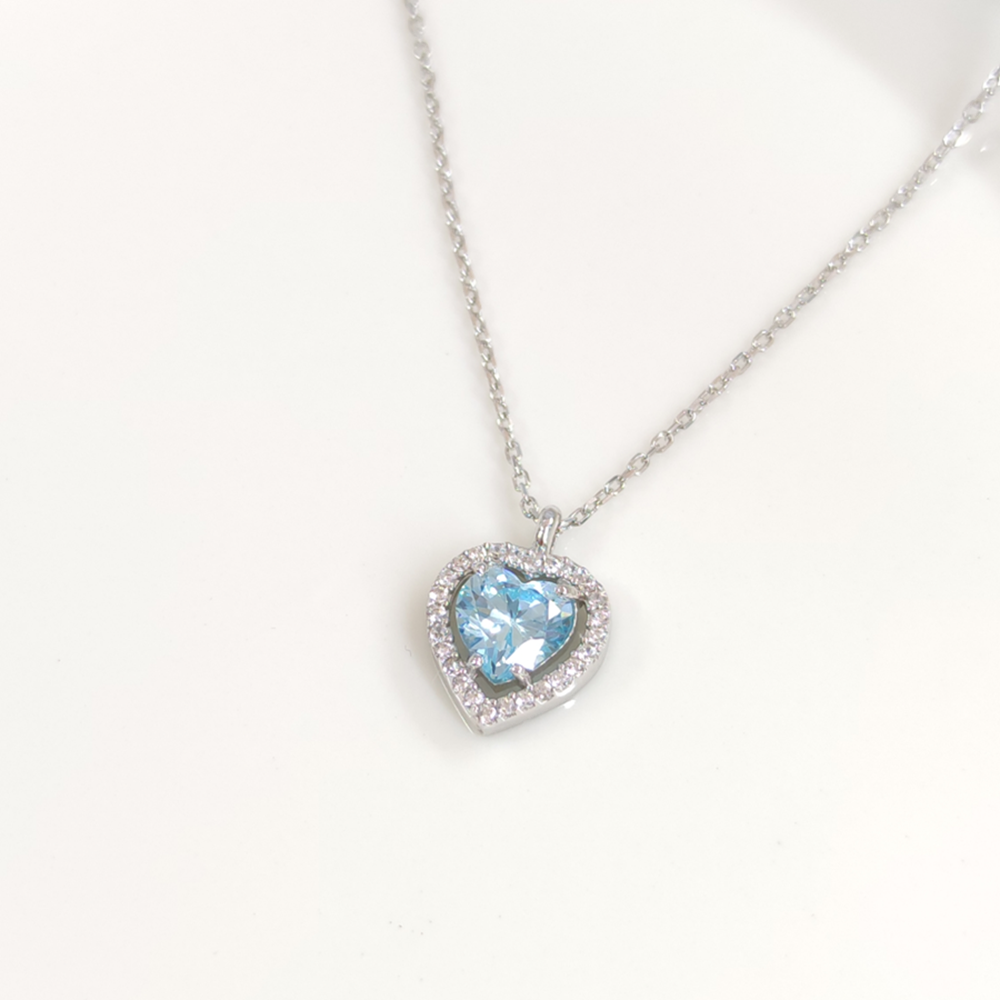 MAVİ TAŞLI KALP GÜMÜŞ KOLYE - RODYUM BEYAZ