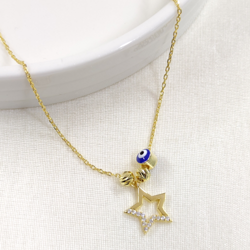 BONCUKLU DORİCA YILDIZ GÜMÜŞ KOLYE - ALTIN SARI