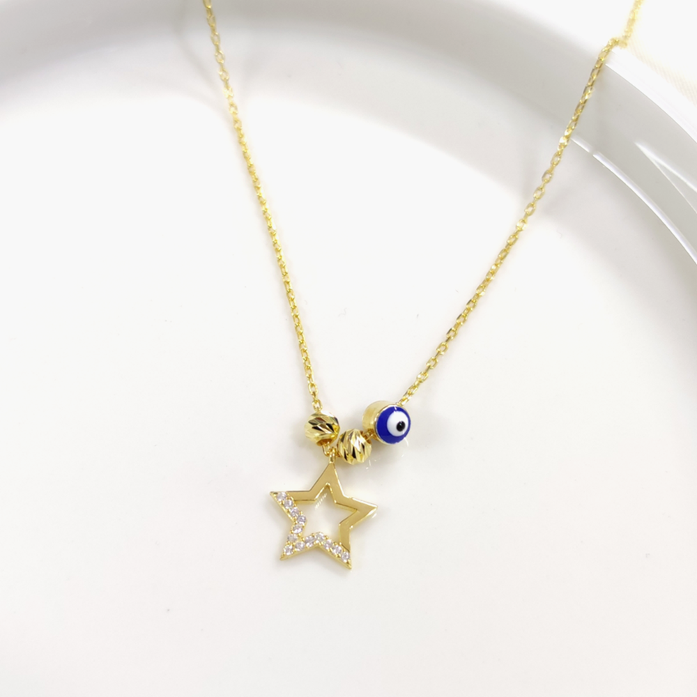 BONCUKLU DORİCA YILDIZ GÜMÜŞ KOLYE - ALTIN SARI