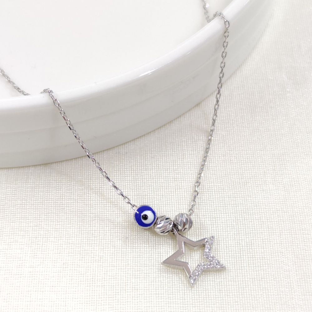 BONCUKLU DORİCA YILDIZ GÜMÜŞ KOLYE - RODYUM BEYAZ