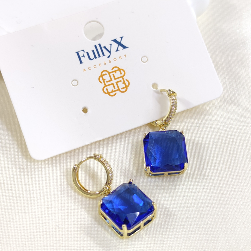 FULLYX 15 MM MAVİ KARE TAŞLI 11 MM HALKA KÜPE GOLD