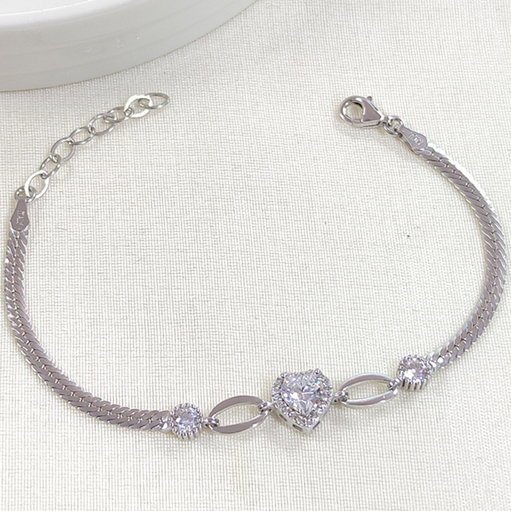 YASSI ZİNCİRLİ TAŞLI KALP GÜMÜŞ BİLEKLİK 16CM+3