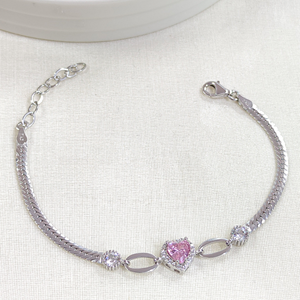 YASSI ZİNCİRLİ TAŞLI PEMBE KALP GÜMÜŞ BİLEKLİK 16 CM+3