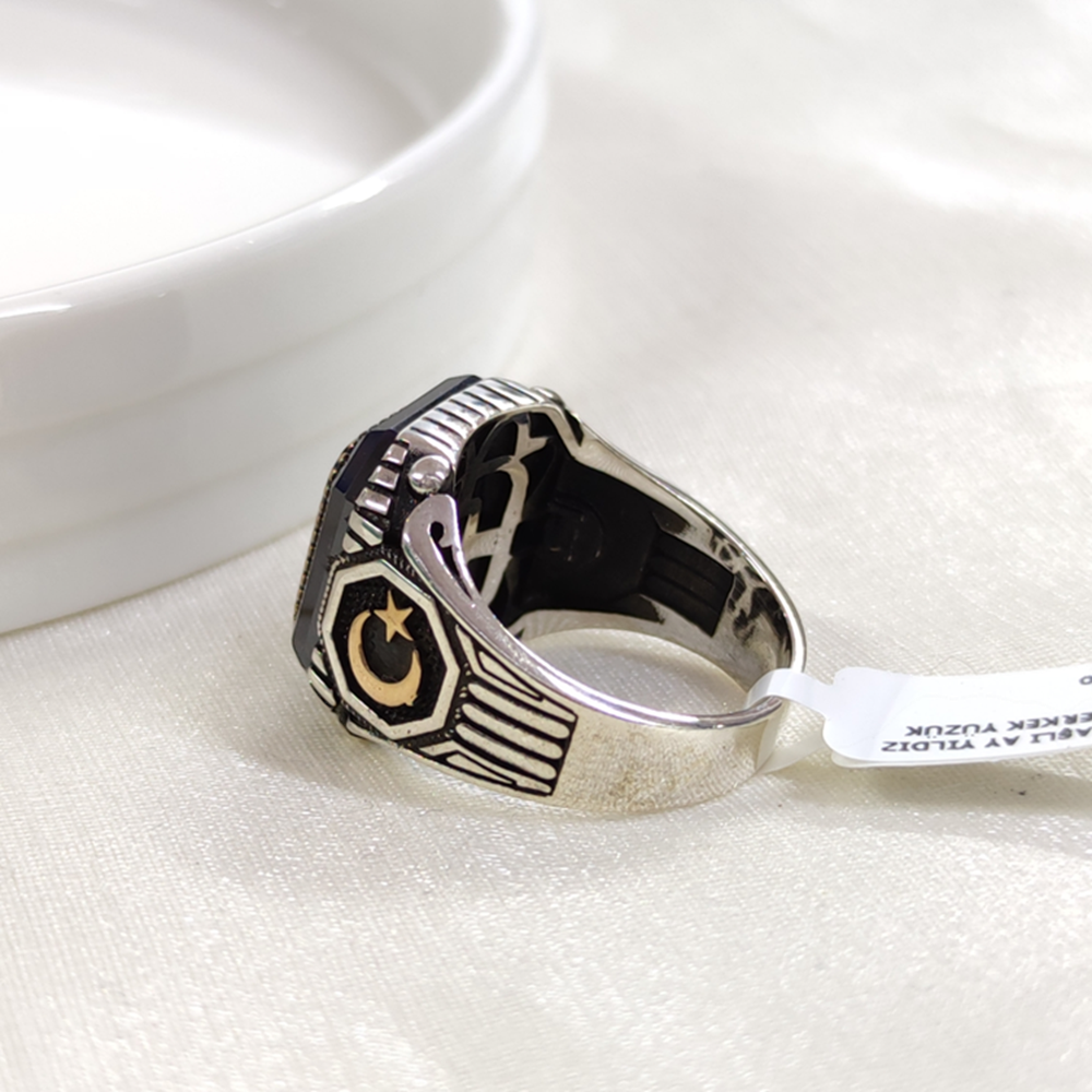 SİYAH TAŞLI AY YILDIZ GÜMÜŞ ERKEK YÜZÜK