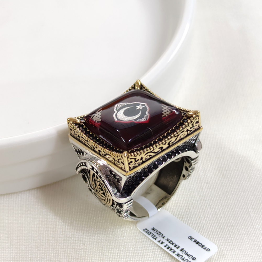 BÜYÜK KARE AY YILDIZ GÜMÜŞ ERKEK YÜZÜK