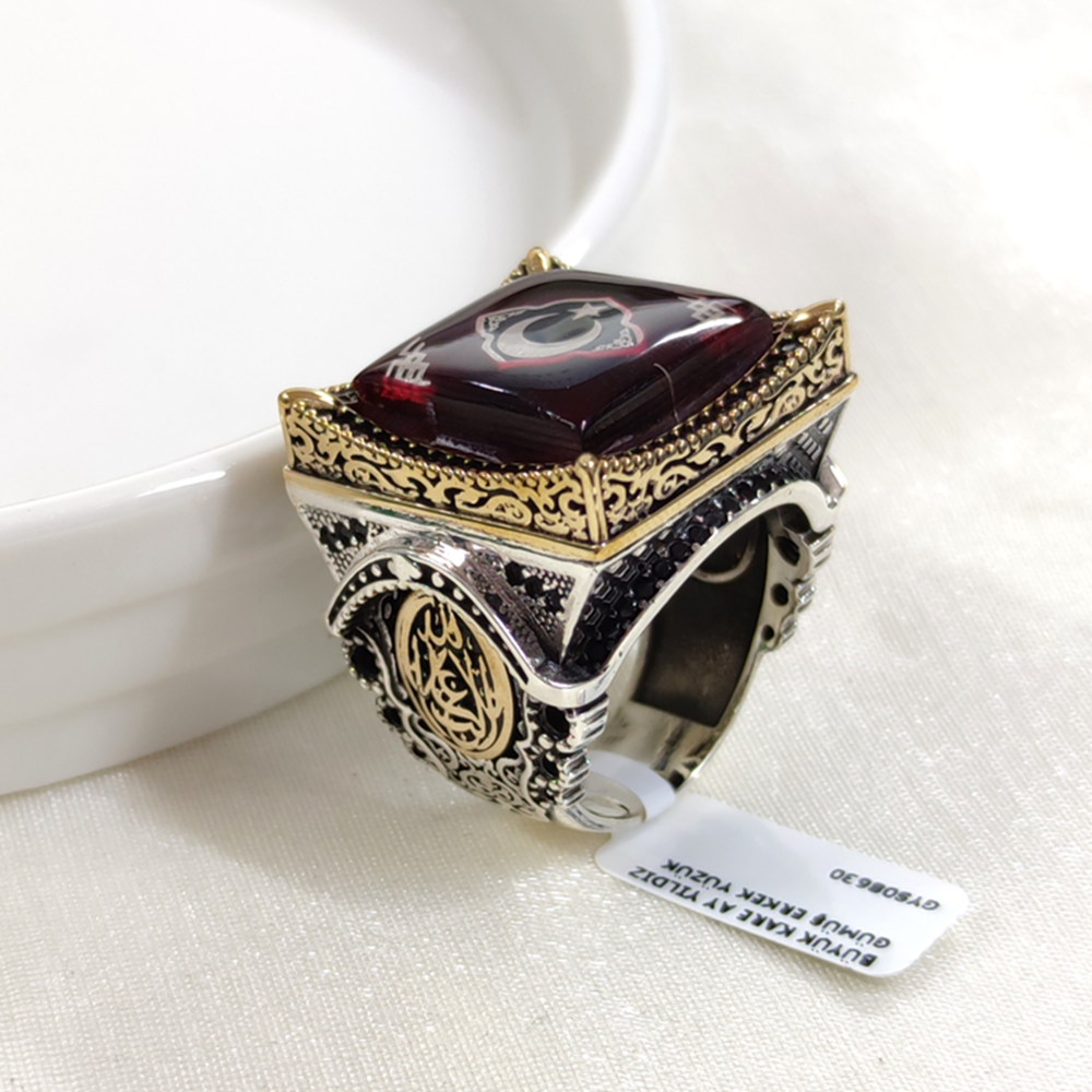 BÜYÜK KARE AY YILDIZ GÜMÜŞ ERKEK YÜZÜK