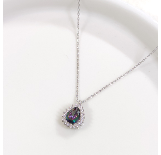 1 CM MİSTİK TOPAZ TAŞLI DAMLA GÜMÜŞ KOLYE 40+5 CM