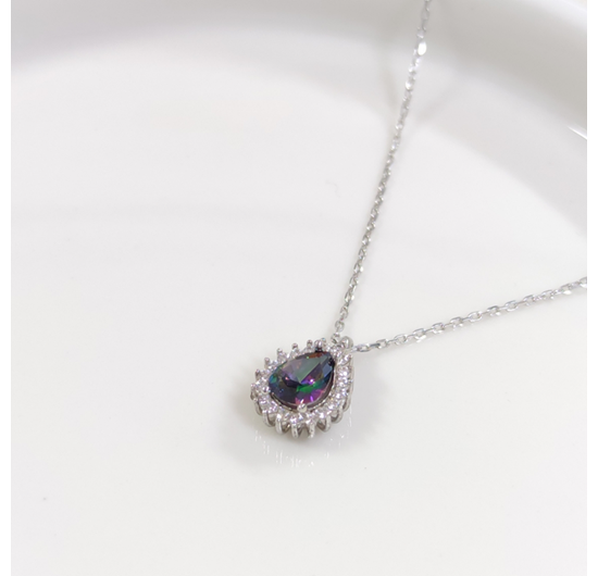 1 CM MİSTİK TOPAZ TAŞLI DAMLA GÜMÜŞ KOLYE 40+5 CM