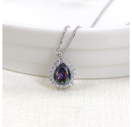 1 CM MİSTİK TOPAZ TAŞLI DAMLA GÜMÜŞ KOLYE 40+5 CM